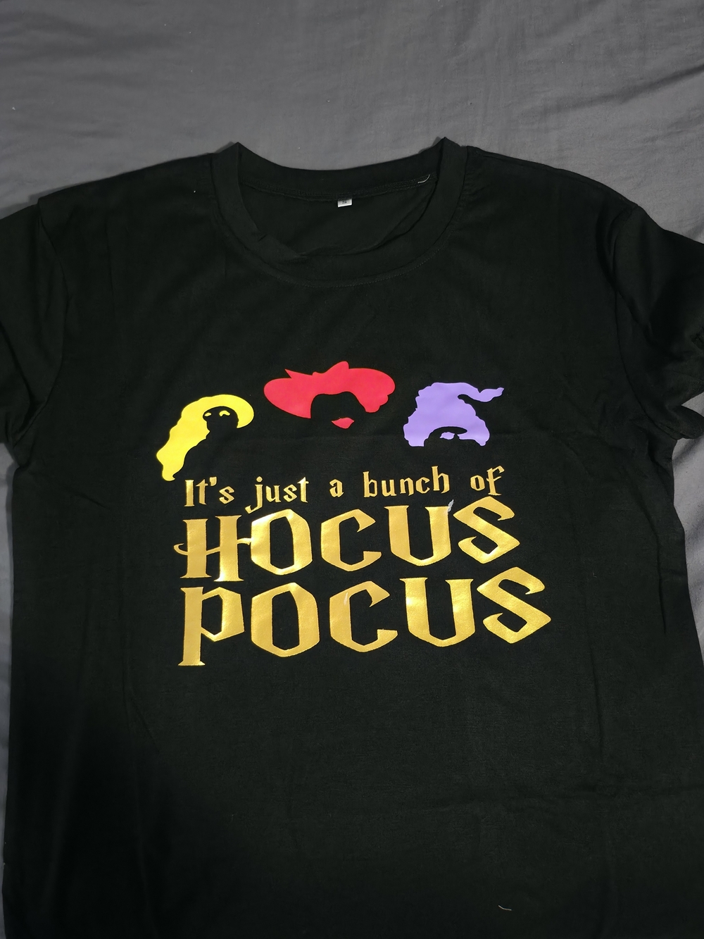Hocus Pocus Black Graphic Tee with Yellow, Red & Purple Accents